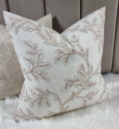 John Lewis & Partners Acanthus Fabric Cushion Cover Crewel Beige Embroidery On Off White Cotton Background - Pillow Throw Country Home - thumbnail 1