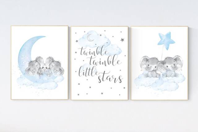 Elephant Nursery Art Print Blue Gray Cloud & Stars Decor - image 1