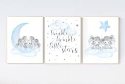 Elephant Nursery Art Print Blue Gray Cloud & Stars Decor - thumbnail 1