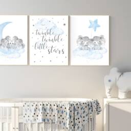 Elephant Nursery Art Print Blue Gray Cloud & Stars Decor - thumbnail 2
