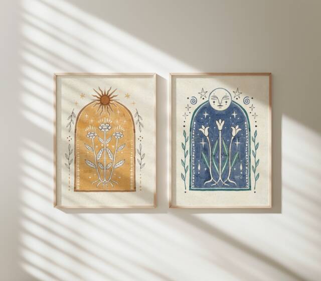 Moon & Sun Poster Fine Art Print Decor Boho Home Gallery Wall Earthy Hanging Floral Artwork Yellow Hippy Handmade - image 1