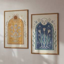 Moon & Sun Poster Fine Art Print Decor Boho Home Gallery Wall Earthy Hanging Floral Artwork Yellow Hippy Handmade - thumbnail 2