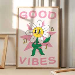 Good Vibes Flower Art Canvas Poster, Trendy Wall Art, Apartment Aesthetic Decor, Retro Home Printed Gift - thumbnail 1