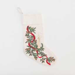 Natural Candle Garland Linen Stocking, Hand Embroidered Cotton Blend Christmas Bootie, Handmade Festive Holiday Decor - thumbnail 3
