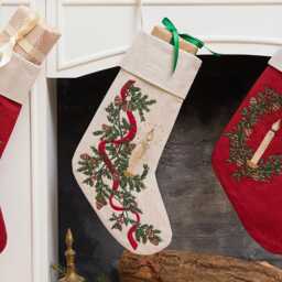 Natural Candle Garland Linen Stocking, Hand Embroidered Cotton Blend Christmas Bootie, Handmade Festive Holiday Decor