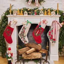 Natural Candle Garland Linen Stocking, Hand Embroidered Cotton Blend Christmas Bootie, Handmade Festive Holiday Decor - thumbnail 2