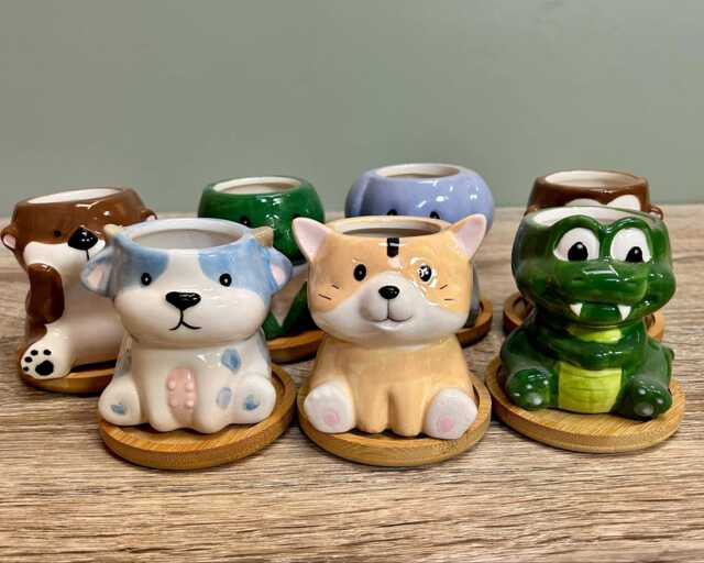 Cute Animal Succulent Planters With Bamboo Coaster/Small Ceramic Desktop Plant Pot Indoor Office Home Decoration New Gift Idea - image 1