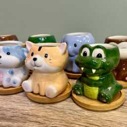 Cute Animal Succulent Planters With Bamboo Coaster/Small Ceramic Desktop Plant Pot Indoor Office Home Decoration New Gift Idea - thumbnail 2