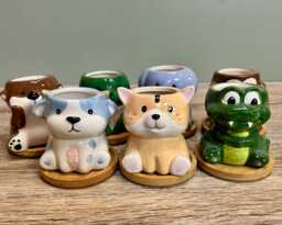 Cute Animal Succulent Planters With Bamboo Coaster/Small Ceramic Desktop Plant Pot Indoor Office Home Decoration New Gift Idea