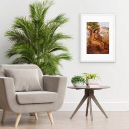 Framed Mounted Indian Art Vintage Print Poster Antique Raja Ravi Varma Shakuntala Lost in Dushyanta's Thoughts Hindu Kerala Painting Saree - thumbnail 1