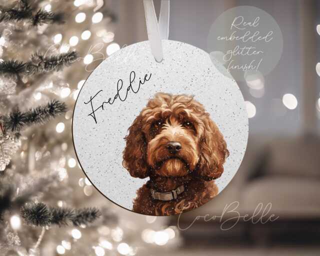 Personalised Cockapoo Bauble, Any Colour Puppy Watercolour Cavapoo Doodle Digital Real Glitter Name Christmas Pet Gift Ideas Lover Owner - image 1