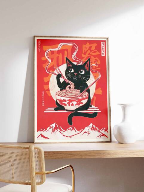 Retro Japanese Poster, Cat Art, Food Print, Wall Asian Decor, Oriental Pop Art Decor - image 1