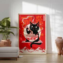 Retro Japanese Poster, Cat Art, Food Print, Wall Asian Decor, Oriental Pop Art Decor - thumbnail 2