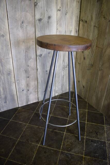 Handmade Industrial Bar Stool, Reclaimed Scaffold Board, Steel Legs - image 1