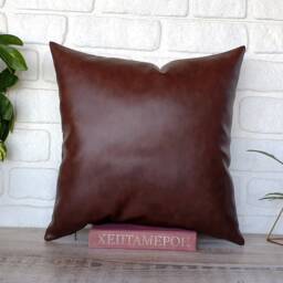 Dark Brown Faux Leather Pillow Cover Scandinavian Decor - thumbnail 2
