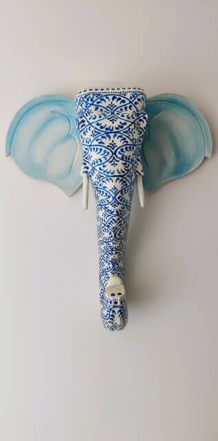 Blue & White Bohemian Designs On Elephant Wooden Head/Wall Decor/Wall Hanging - image 1