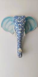 Blue & White Bohemian Designs On Elephant Wooden Head/Wall Decor/Wall Hanging - thumbnail 1