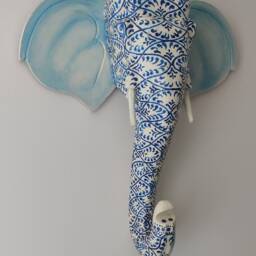 Blue & White Bohemian Designs On Elephant Wooden Head/Wall Decor/Wall Hanging - thumbnail 2