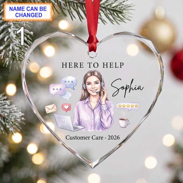 Here To Help Customer Care Christmas Glass Ornament, Custom Support Keepsake With Headset, Chat Icons, Hearts & Service Details - image 1