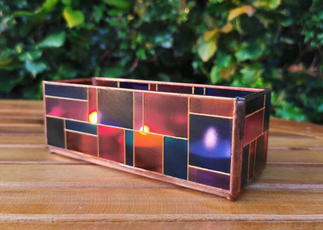 Triple Tealight Holder - Stained Glass Style Rectangular Hand Painted - image 1