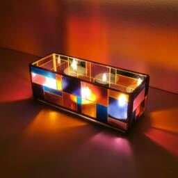 Triple Tealight Holder - Stained Glass Style Rectangular Hand Painted - thumbnail 4