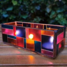 Triple Tealight Holder - Stained Glass Style Rectangular Hand Painted - thumbnail 3