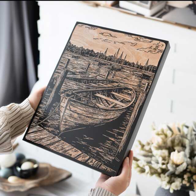 Wooden Row Boat in Marina Wall Art - Coastal Inspired Engraved Wood Lithograph Illustration, Large Art, Alabama Gulf Nautical Painting - image 1