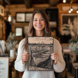 Wooden Row Boat in Marina Wall Art - Coastal Inspired Engraved Wood Lithograph Illustration, Large Art, Alabama Gulf Nautical Painting - thumbnail 3