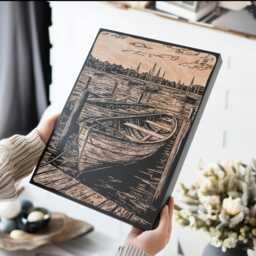 Wooden Row Boat in Marina Wall Art - Coastal Inspired Engraved Wood Lithograph Illustration, Large Art, Alabama Gulf Nautical Painting - thumbnail 1
