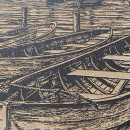 Wooden Row Boat in Marina Wall Art - Coastal Inspired Engraved Wood Lithograph Illustration, Large Art, Alabama Gulf Nautical Painting - thumbnail 2