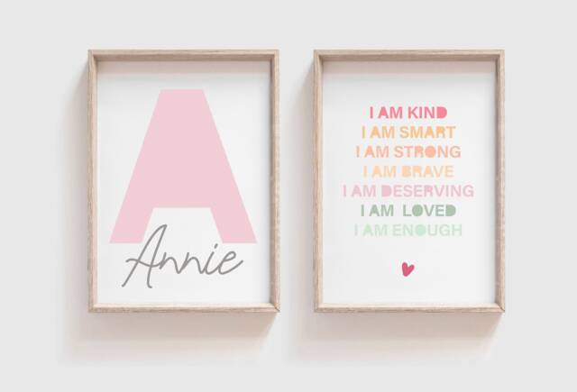 Set Of 2 Girls Affirmation Print, I Am Pastel Nursery Personalised, Bedroom Prints, Wall Art, Playroom, Am Loved - image 1