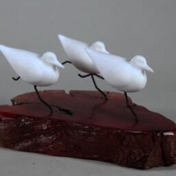 Sandpiper Sculpture Figurine Decor By John Perry Trio 7In Long On Burlwood - thumbnail 2