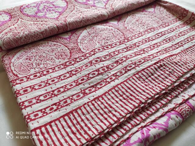 Handmade Block Print Kantha Quilt, King Size Cotton Bedspread - image 1
