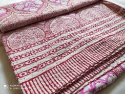 Handmade Block Print Kantha Quilt, King Size Cotton Bedspread - thumbnail 1