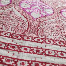 Handmade Block Print Kantha Quilt, King Size Cotton Bedspread - thumbnail 2