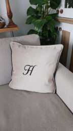 Handmade Soft Latte Cushion - Scuff Resistant, Black Leather Piping, Modern Pillow Cover - 50x50cm - thumbnail 1