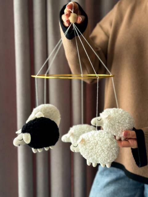 Sheep Baby Mobile - Boucle & Felt Nursery Mobile, Black White Farm Animal Neutral Shower Gift - image 1