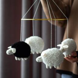 Sheep Baby Mobile - Boucle & Felt Nursery Mobile, Black White Farm Animal Neutral Shower Gift - thumbnail 2