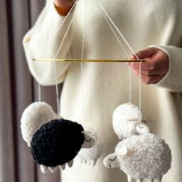Sheep Baby Mobile - Boucle & Felt Nursery Mobile, Black White Farm Animal Neutral Shower Gift - thumbnail 3
