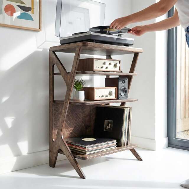 Mid Century Modern Birch Plywood Record Player Table & Vinyl Storage, Turntable Stand - image 1