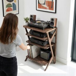 Mid Century Modern Birch Plywood Record Player Table & Vinyl Storage, Turntable Stand - thumbnail 2