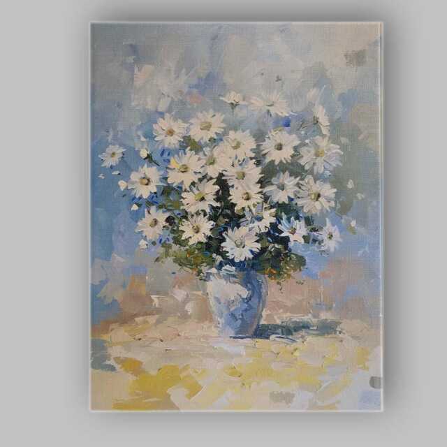 Blue White Daisy Bouquet Impressionist Floral Still Life Canvas Wall Art Print Decor Picture Ready To Hang - image 1