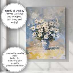 Blue White Daisy Bouquet Impressionist Floral Still Life Canvas Wall Art Print Decor Picture Ready To Hang - thumbnail 3