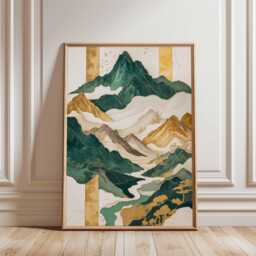 Abstract Mountain Landscape Poster, Gold Green Wall Art, Modern Nature Print - thumbnail 1