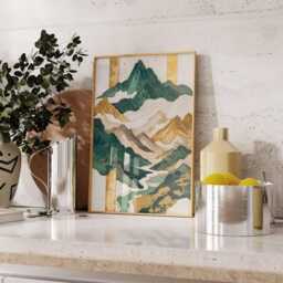 Abstract Mountain Landscape Poster, Gold Green Wall Art, Modern Nature Print - thumbnail 3