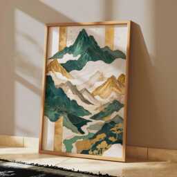 Abstract Mountain Landscape Poster, Gold Green Wall Art, Modern Nature Print - thumbnail 2