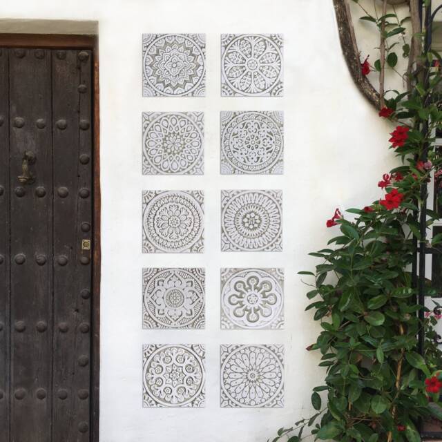 10 Decorative Ceramic Tiles Rustic White&beige Mandala Wall Art, - 20cm/7.9 - image 1