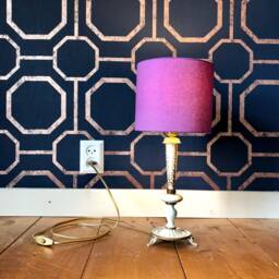 Table Lamp With An Authentic Italian Antique Metal Base in Gold & Cream, A Beautiful Lilac Shade. 44cm High - thumbnail 1
