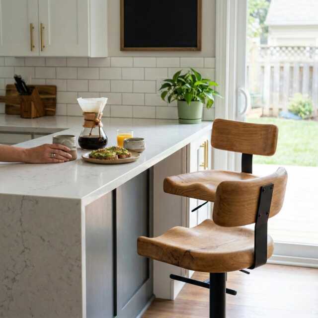 Wooden Bar Stool With Back - Solid Oak Counter Height Stool, Swivel & Adjustable, Kitchen Island Seating, Handcrafted in Germany - image 1
