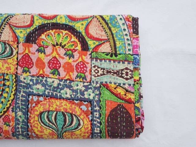 Kantha Quilt Gudri, Handmade Ethnic Stitch Decorative Gudri Print King Size , Indian Bohemian Bedspread - image 1